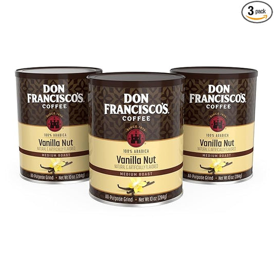 Don Francisco's Premium Vanilla Nut Ground Flavored Coffee: Rich, Aromatic 100% Arabica Beans - Family Crafted for a Delightful Morning Brew (3 x 10 oz Cans)