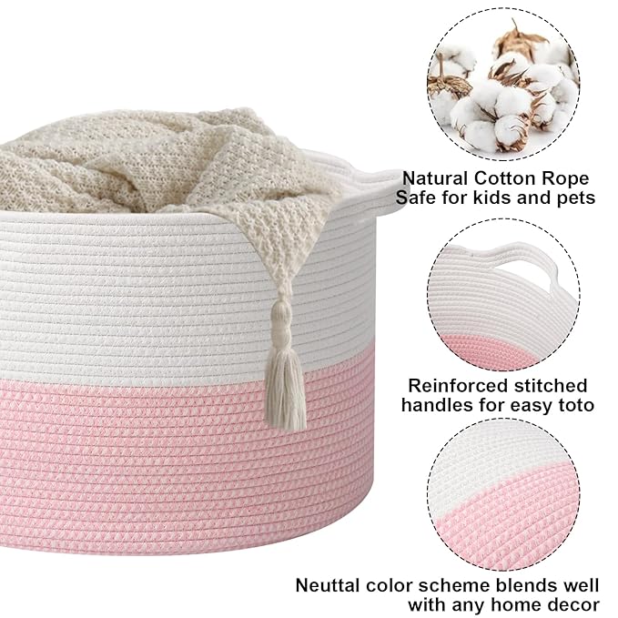 65L Large Pink Woven Cotton Rope Basket with Handles, Kids Nursery Laundry Hamper for Toys, Blankets, Pillows & Comforters, Cute Storage Bin for Bedroom & Playroom