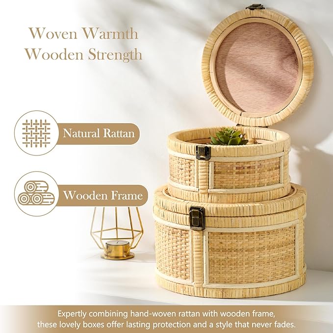 2PCS Rattan Storage Boxes with Lids Wooden Frame Decorative Natural Rattan Round Baskets Set Handmade Woven Wicker Keepsake Memory Jewelry Box Bin Boho Cane Desktop Organizer Container