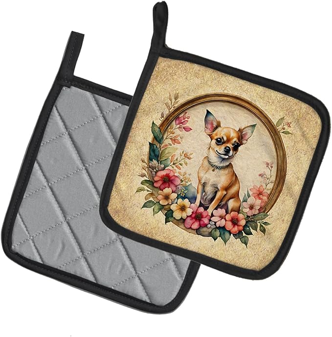 Caroline's Treasures Chihuahua and Flowers Pair of Pot Holders Kitchen Heat Resistant Pot Holders Sets Oven Hot Pads for Cooking Baking BBQ, 7 1/2 x 7 1/2
