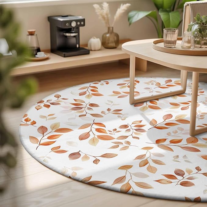 Washable Round Area Rug Autumn Orange Leaf Botanical Circle Rugs Floor Carpet for Living Room Bedroom, Abstract Vine Pattern Soft Non Slip Round Rug 3ft