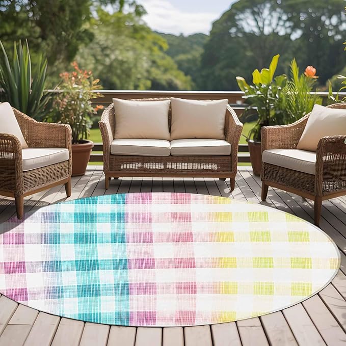 Washable Round Area Rug Easter Red Yellow Blue Stripes Circle Rugs Floor Carpet for Living Room Bedroom, Abstract Buffalo Plaid Soft Non Slip Round Rug 5ft