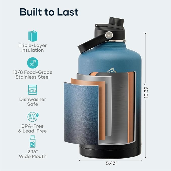 Half Gallon Stainless Steel Water Bottle with Straw Lid and Flex Cap, 87oz Modern Double Vacuum Stainless Steel Water Flask, Cold for 48 Hrs Hot for 24 Hrs Simple Thermo Canteen Mug,Indigo Crush