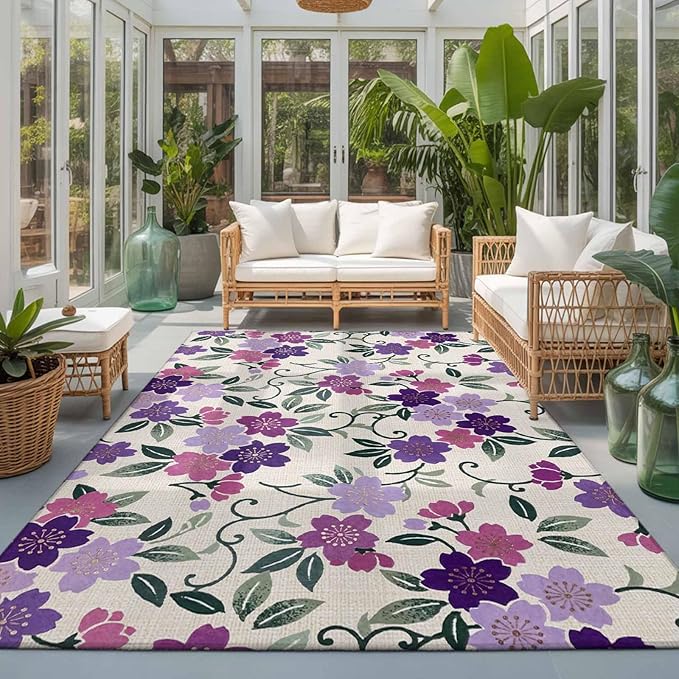 Area Rug 3x5ft, Watercolor Country Flowers Washable Rugs for Living Room Bedroom, Plum Blossoms on Linen Soft Non-Slip Area Rugs Rectangle Floor Carpet for Dining Room