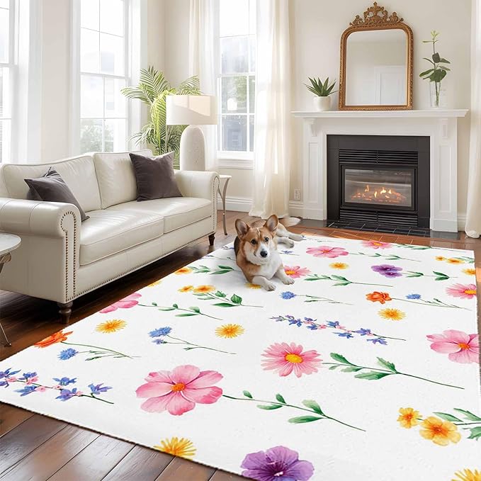 Area Rug 8x10ft, Watercolor Farmhouse Flower Washable Rugs for Living Room Bedroom, Yellow Pink Purple Blue Floral Soft Non-Slip Area Rugs Rectangle Floor Carpet for Dining Room