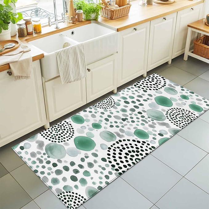 Runner Rug for Bedroom Hallway, Abstract Teal Circles Kitchen Runner Rugs Area Rug 2x6ft, Sage Green Geometric Round Washable Soft Floor Carpet for Entryway Stair