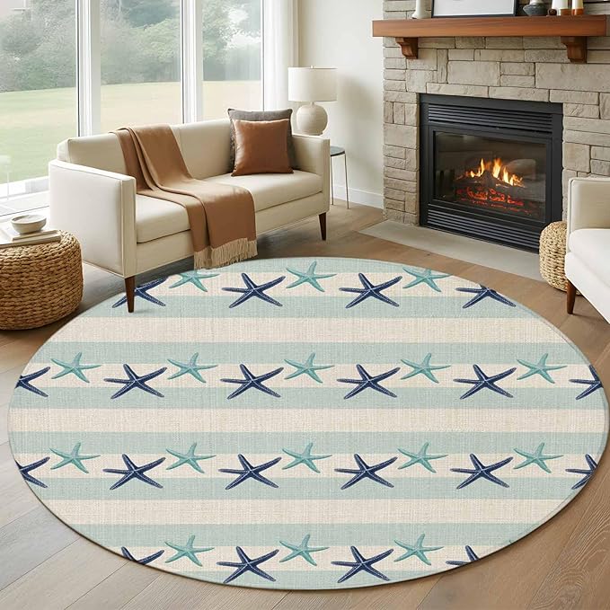 Washable Round Area Rug Summer Ocean Blue Teal Starfish Circle Rugs Floor Carpet for Living Room Bedroom, Sea Star on Farmhouse Linen Soft Non Slip Round Rug 5ft