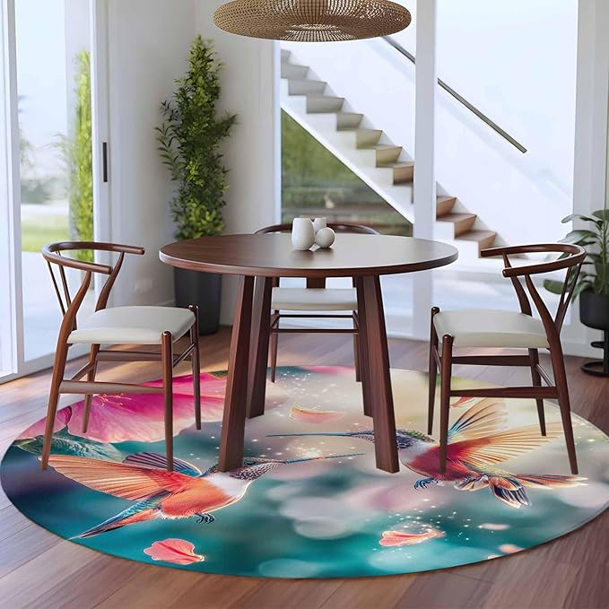 Washable Round Area Rug Spring Hummingbird Pink Petals Flowers Circle Rugs Floor Carpet for Living Room Bedroom, Dreamlike Animal Focus Scenery Soft Non Slip Round Rug 5ft