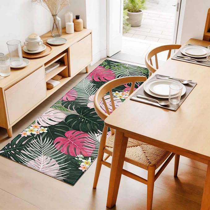 Runner Rug for Bedroom Hallway, Summer Watercolor Pink Green Leaf Kitchen Runner Rugs Area Rug 2x6ft, Tropical Flower Leaves Plant Washable Soft Floor Carpet for Entryway Stair