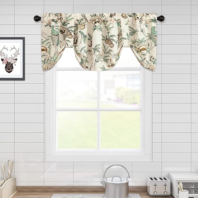 Leeva Tie-up Window Valance Curtain for Study Room, Linen Energy Saving Bird Printed Foral Pattern Rod Pocket Small Curtains for Bedroom Dining Room, 52 x 18 Inches, Beige, One Panel