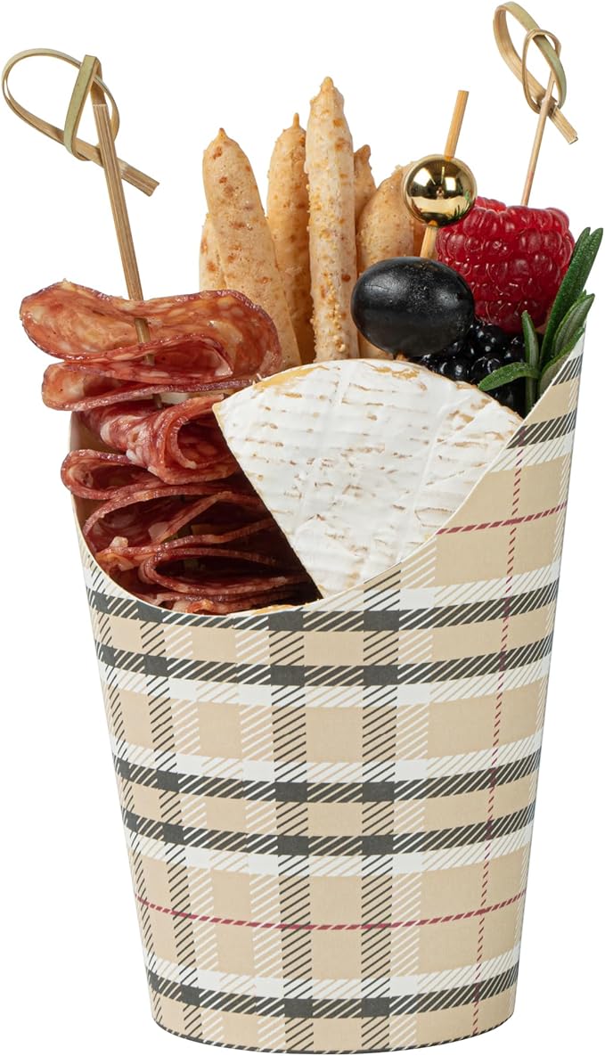 Restaurantware Bio Tek 12 Ounce French Fry Containers 100 Disposable Charcuterie Cups - Incline Design Round Plaid Paper French Fry Cups Stackable For Waffles Chips or Popcorn