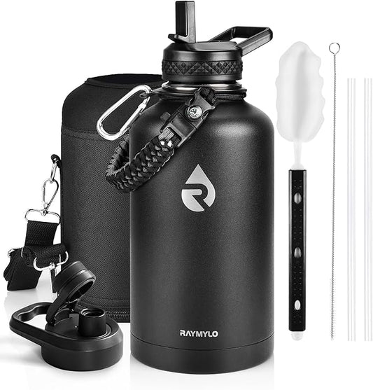 RAYMYLO Insulated Water Bottle 64 oz, Triple Wall Vacuum Stainless Steel (Cold for 48 Hrs), Leak Proof & Non-BPA, Half Gallon Water Flask Jug with Paracord Handle & Straw Spout Lids, Magic Black