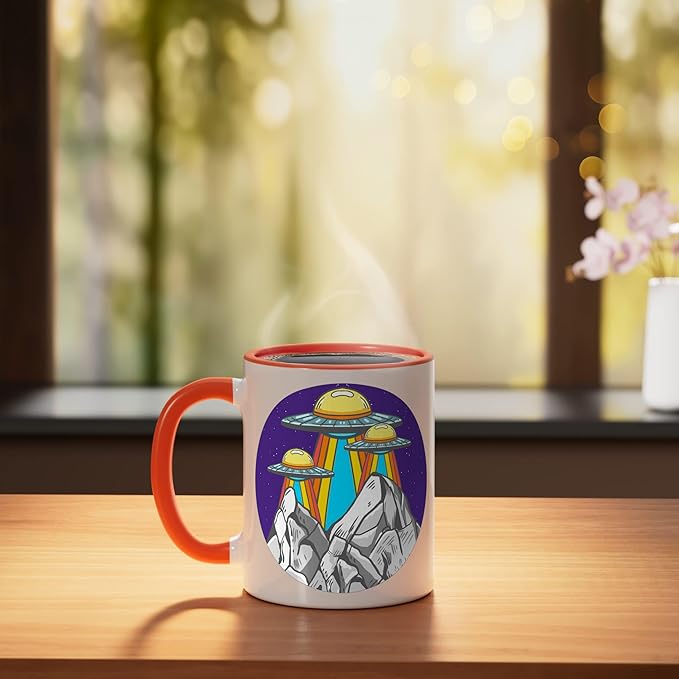 UFO Mountains Retro Spaceship Alien ET Space Galaxy Gift Ceramic Mug, Orange/White