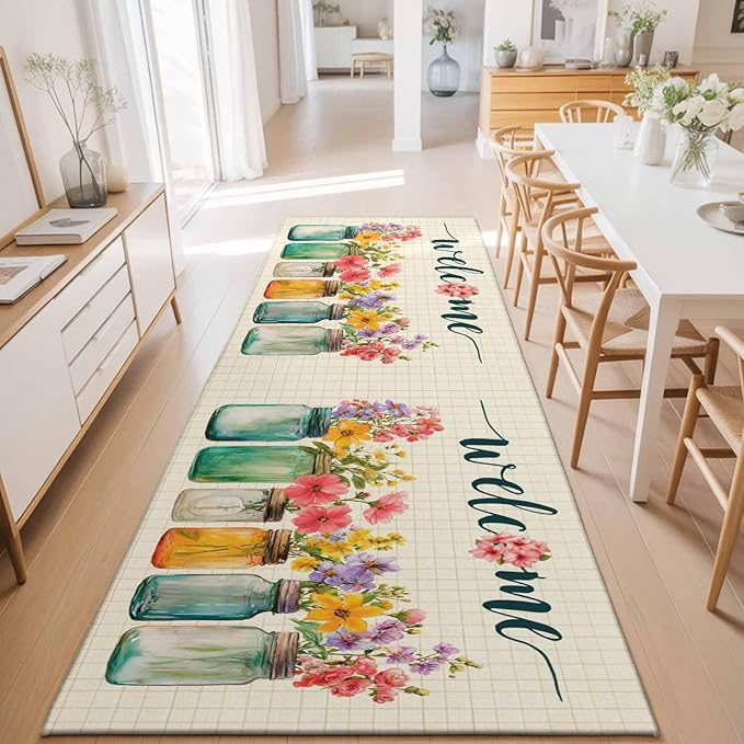 Runner Rug for Bedroom Hallway, Summer Pastoral Flower Buffalo Plaid Kitchen Runner Rugs Area Rug 2x6ft, Rustic Blossom Floral Washable Soft Floor Carpet for Entryway Stair