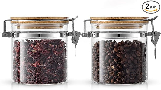 JoyJolt Glass Jars With Bamboo Lids (12 fl oz). 2PC Set of Airtight Storage Jars with Clamp Lids for Pantry Food Storage. Air Tight Sealable Glass Canisters Containers for Kitchen Organization