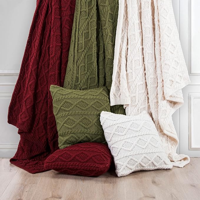 HiEnd Accents Cable Knit Wool Throw Pillow, 18x18 inch, Red Solid Color, Diamond Pattern, Sweater Style, Soft Cozy Luxury Decorative Pillow