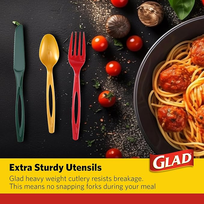 Glad Disposable Plastic Cutlery, Assorted Holiday Set, Red, Green, Gold | Heavy Duty forks, Knives, And Spoons | Disposable Party Utensils | Set of Durable and Sturdy Cutlery - 105 Count - 8 Pack