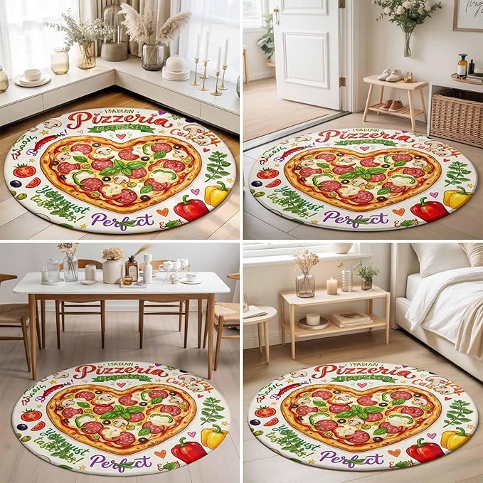 Washable Round Area Rug Cartoon Pizza Watercolor Graffiti Circle Rugs Floor Carpet for Living Room Bedroom, Farmhouse Vegetable Leaves Soft Non Slip Round Rug 3ft