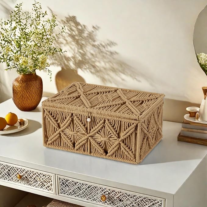 Decorative Boho Storage Baskets with Lid Bohemian Macrame Jewelry Box Handmade Natural Cotton Rope Woven Bins Memory Keepsake Photo Makeup Organizer Shelf Container (Khaki, Large)