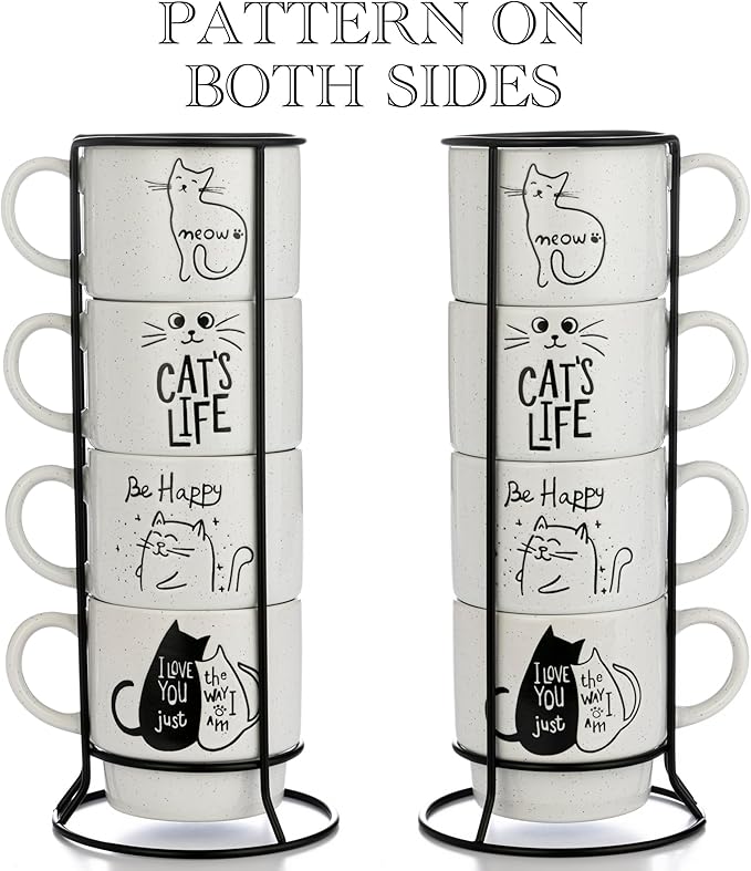Signature Housewares Stackable Coffee Mug Tower Set with Metal Wire Rack - 15 Ounce Coffee Mugs for Coffee, Tea, Cocoa, Milk, Cappuccino, Hot Chocolate Set of 4 - Cat's Life