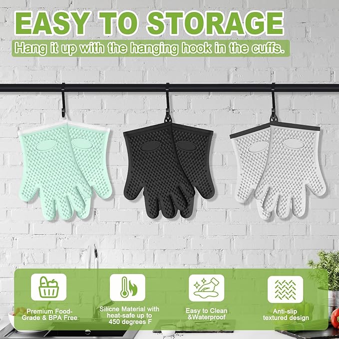 Silicone Oven Mitts Heat Resistant,Waterproof & Non-Slip Oven Gloves with Fingers,Cotton Lined Silicone Oven Gloves Kitchen Mitts for Cooking Baking Grilling and BBQ(Green)