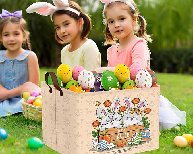 Large Rectangular Easter Baskets Empty Waterproof Boy Toy Box Foldable Kid's Gifts Storage Bin Spring Room Decor(Boy Girl Cute Rabbit)