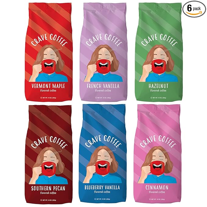 Crave Beverages Flavored Ground Coffee Bag, Assorted Variety Pack – Flavorful and Fun Brew, Made with 100% Arabica Beans - Flavor Enhanced, 10 Oz, Pack of 6