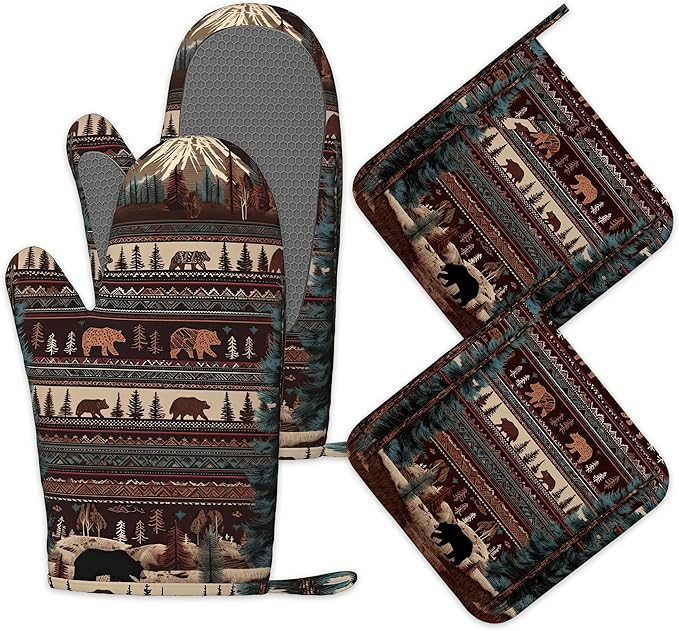 Oven Mitts and Pot Holders Vintage Bear Mountain Silicone Kitchen Accessories Set of 4 Heat Resistant Gloves Potholder Non-Slip Grip for Chef Cooking Baking Grilling BBQ