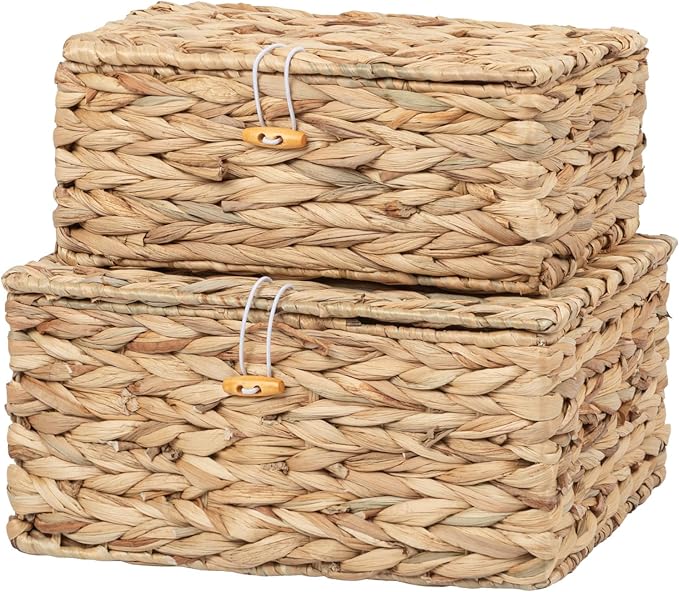 Handwoven Wicker Baskets Decorative Storage Boxes with Lids Set of 2, Natural Water Hyacinth, Nesting Organizer Boxes for Closet, Shelf, Home Decor
