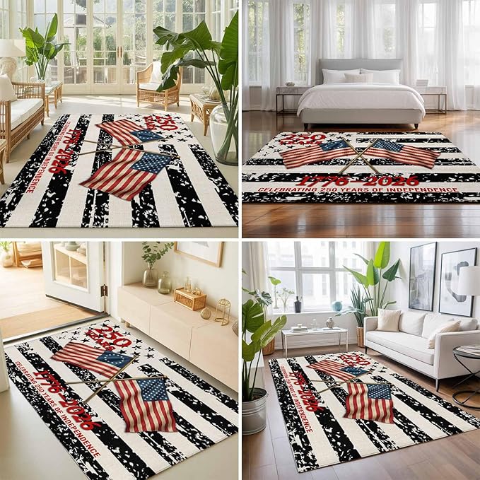 Area Rug 8x10ft, Independence Day 250th Anniversary Washable Rugs for Living Room Bedroom, Retro USA Flags Soft Non-Slip Area Rugs Rectangle Floor Carpet for Dining Room