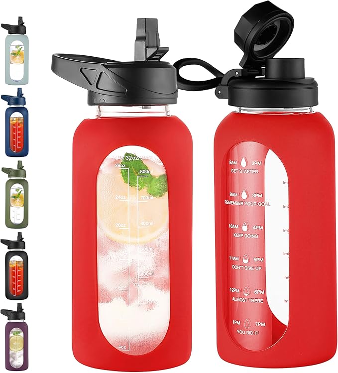 CIVAGO 32 oz Glass Water Bottle with Straw and Handle, Large Sports Motivational Water Bottle Flask with Time Marker and 2 Lids, Leakproof Water Jug Canteen with Silicone Sleeve for Gym, Red