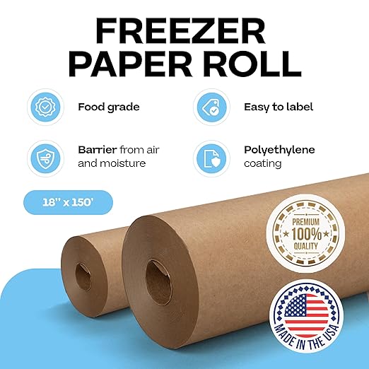 Brown Freezer Paper Roll 18" x 1800" (150 feet) - USA-made Freezer Paper for Meat & Fish - Plastic-Coated Brown Freezer Wrap for Food Freezing by IDL Packaging