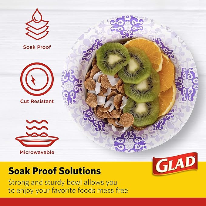 Glad Round Disposable Paper Bowls, Purple Victorian Design - Heavy Duty, Soak-Proof, Cut-Resistant, Microwavable Paper Bowls for All Foods and Daily Use, 12 oz, 20 Count - 2 Pack