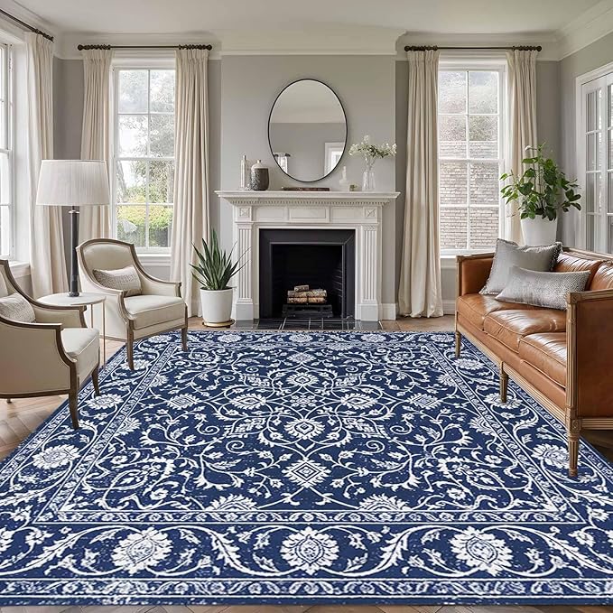 Area Rug 9x12ft, Navy Blue Paisley Floral Texture Washable Rugs for Living Room Bedroom Rectangle Floor Carpet, Vintage Tribe Flower Soft Non-Slip Area Rugs for Dining Room