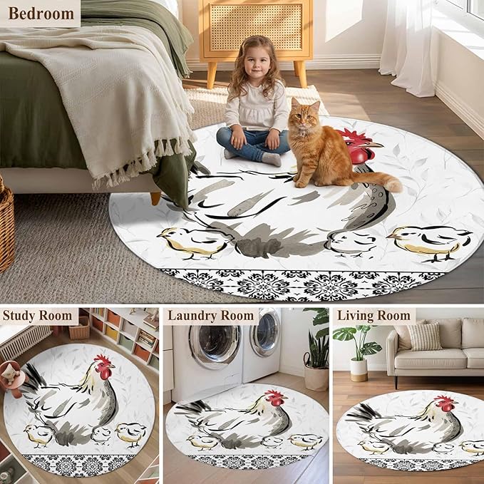 Washable Round Area Rug Country Farmhouse Rooster Circle Rugs Floor Carpet for Living Room Bedroom, Watercolor Animal Flower Pattern Soft Non Slip Round Rug 3ft