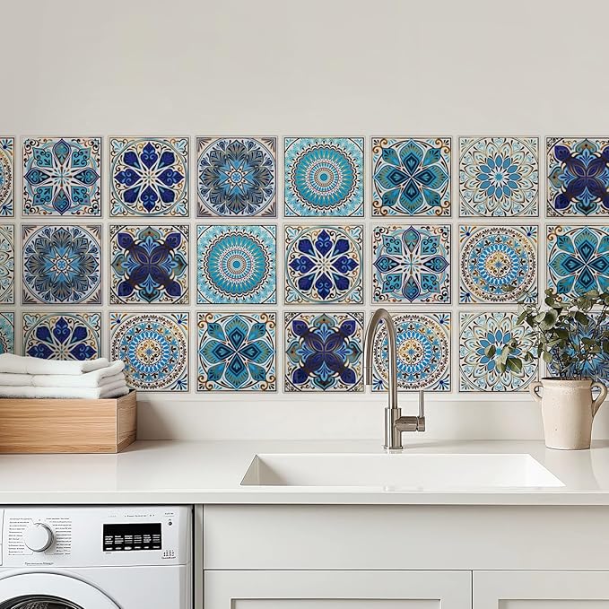 30 Pack, 4x4 Inch Moroccan Vinyl Decals, Blue and Gold Boho Mandala Peel and Stick Wall Stickers for Kitchen, Bathroom, Stairs & Furniture