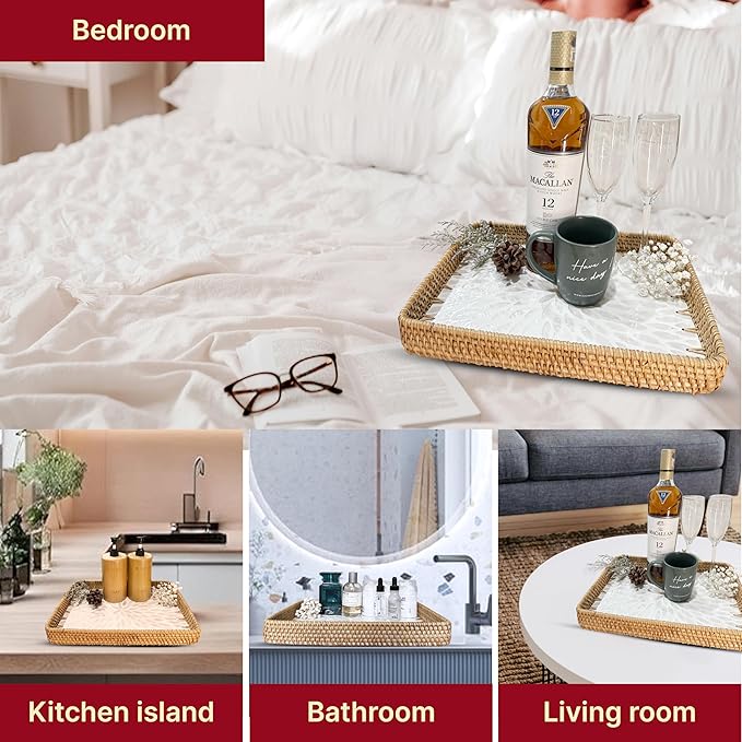 Rattan Rectangle Tray with Mother of Pearl Inlay, Unique Decorative and Serving Tray for Outdoor,Bathroom, Kitchen, Vanity, Perfume, or Coffee Table (Combo White 13"&11.8")