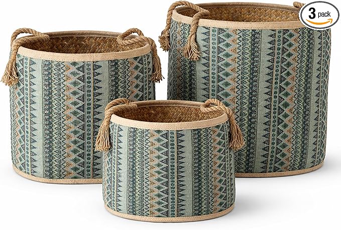 Set of 3 Handwoven Sedge Grass Baskets with Turquoise Brocade Cover – Decorative Woven Storage Baskets for Laundry, Toys & Blankets – Natural Wicker Hampers for Home & Bedroom Decor