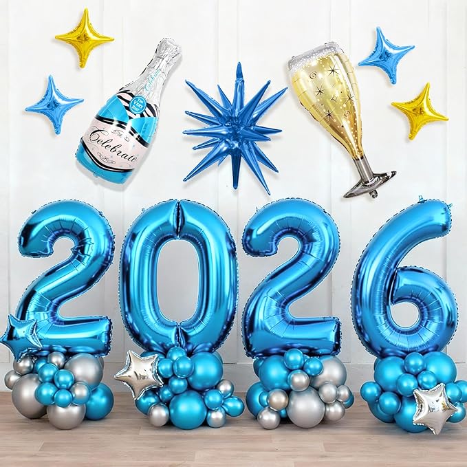 Blue 2026 Balloons, 40 Inch Number 2026 Blue Foil Balloons, Blue Gold Star Balloon, Champagne Bottle Glass Balloon for Happy New Years Eve Party Supplies 2026 Class of 2026 Graduation Decorations