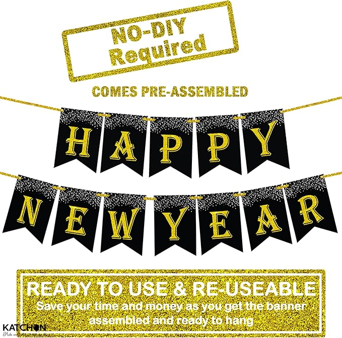 KatchOn, New Years Eve Party Supplies 2026 - Pack of 5 | 10 Feet, No DIY, Happy New Year Banner with 40 Inch, 2026 Balloons Gold | Happy New Years Decorations 2026 | New Year Decorations