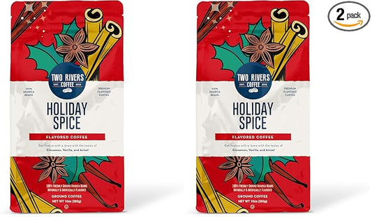 Two Rivers Coffee Holiday Spice (Vanilla) Flavored Ground Coffee Bag, 10 Oz (Pack of 2)
