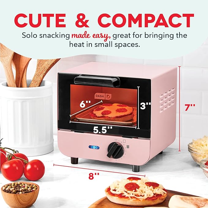 Dash Mini Toaster Oven - Sleek & Stylish - For Creative Homemade Treats - Compact, Space-Saving Design - adjustable temperature dial - Removable Baking Tray - Pink