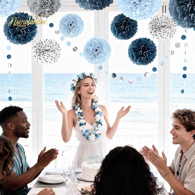 NICROLANDEE Dusty Blue Wedding Decorations, 15 PCS Tissue Pom Poms Paper Garland Decoration for Something Blue Bridal Shower Bachelorette Party Baby Shower Decorations
