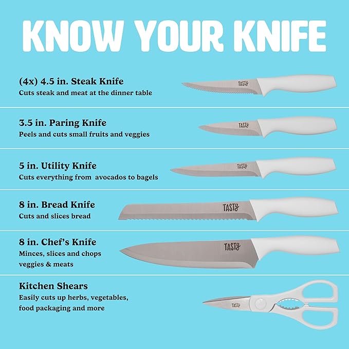 Tasty Kitchen Knife Set with Block, Cutlery Set includes Chef, Bread, Utility, Paring, Steak Knives & Shears, 10-Piece, White