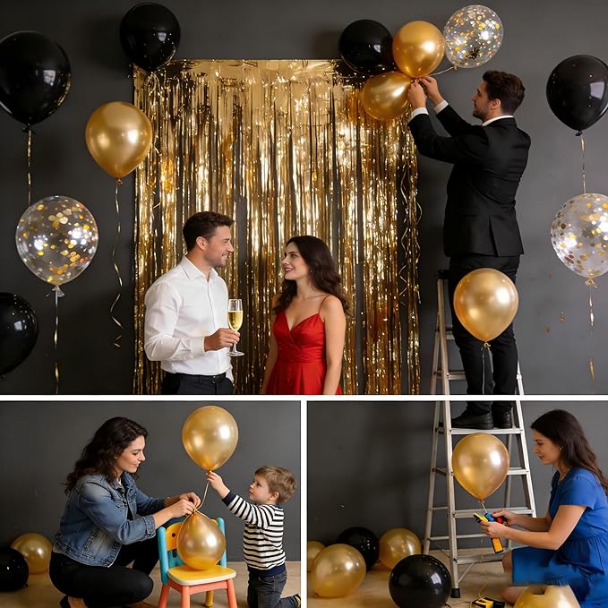 Gold Party Backdrop Kit – 2 Pack Gold Foil “Shower” Curtains with Balloons & Garland Accessories for Birthdays, Festivals, New Year’s Party