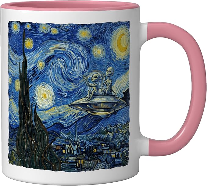 Aliens Saucer UFO Extraterrestrial Fun Starry Night Van Gogh Ceramic Mug, Pink/White