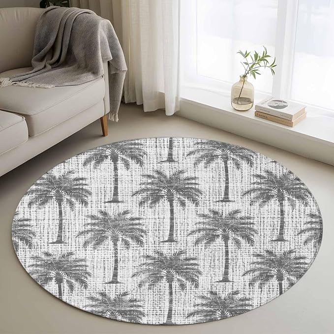 Washable Round Area Rug Summer Palm Tree Retro Linen Circle Rugs Floor Carpet for Living Room Bedroom, Tropical Gray Botanical Soft Non Slip Round Rug 3ft