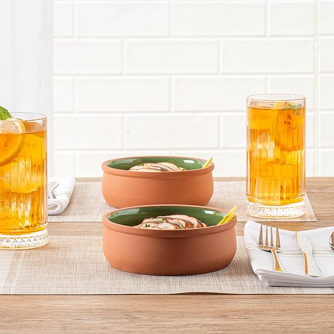 Restaurantware-Terra Tek 17 Ounce Terracotta Cazuelas, 2 Green Glazed Clay Pots For Cooking - Oven-Ready, Microwavable, Terracotta Serving Pots, Dishwashable, For Cooking And Serving