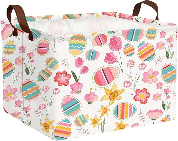 Large Rectangular Easter Baskets Empty Waterproof Boy Toy Box Foldable Kid's Gifts Storage Bin Spring Room Decor(Tulip Flower Egg)