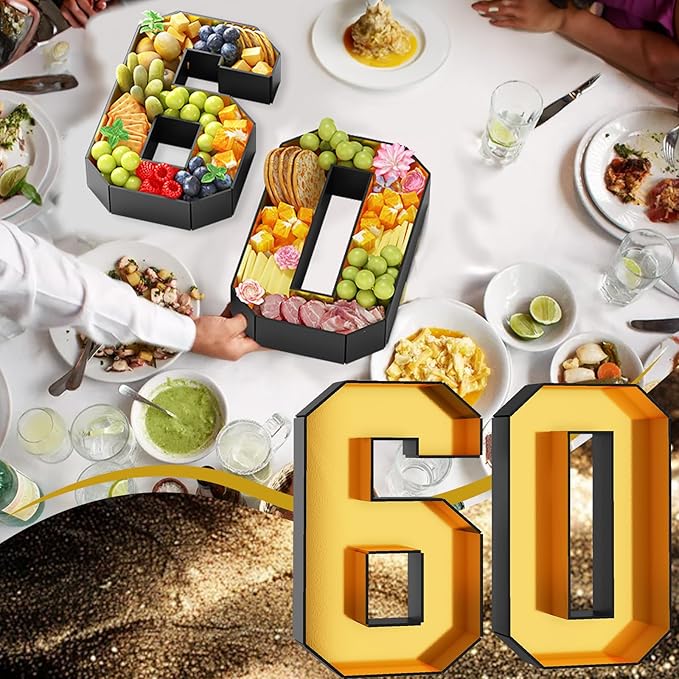 60 Cardboard Numbers for Charcuterie Fillable 13.8'' Black Gold Paper Mache Number Shaped Cupcake Pans Board Box Trays Container for Food Candy 60th Birthday Party Decorations Anniversary